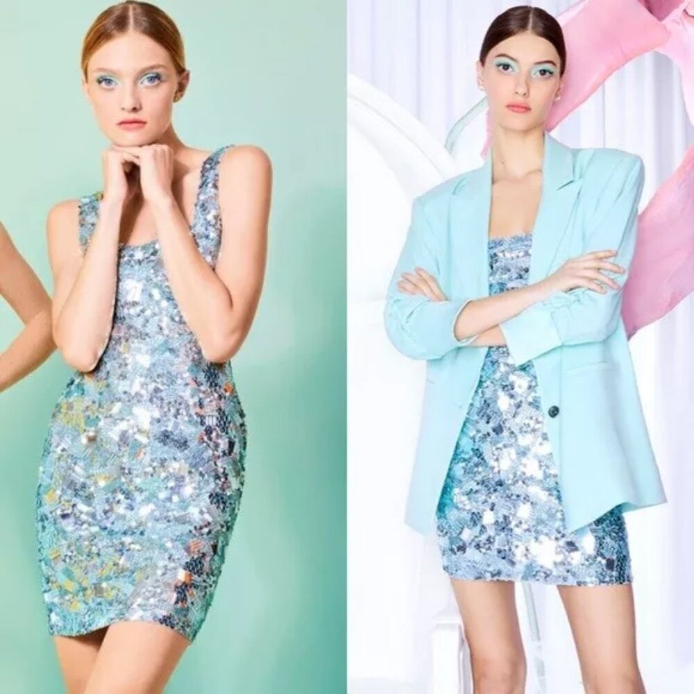 Alice + Olivia Addie Ice Light Blue Sequin Beaded Cocktail Dress Sz 10 $695 NWT